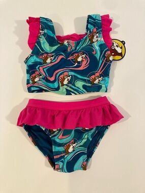 NWT Buc-ee’s Infant Baby Girl Two-Piece Ruffled Swimsuit ~ Size 12/18 Months